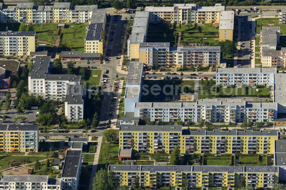 Greifswald from above - Residential area with apartment buildings in the form of GDR - typical slab on Anklam Road in the southeast of Greifswald in Mecklenburg-Western Pomerania