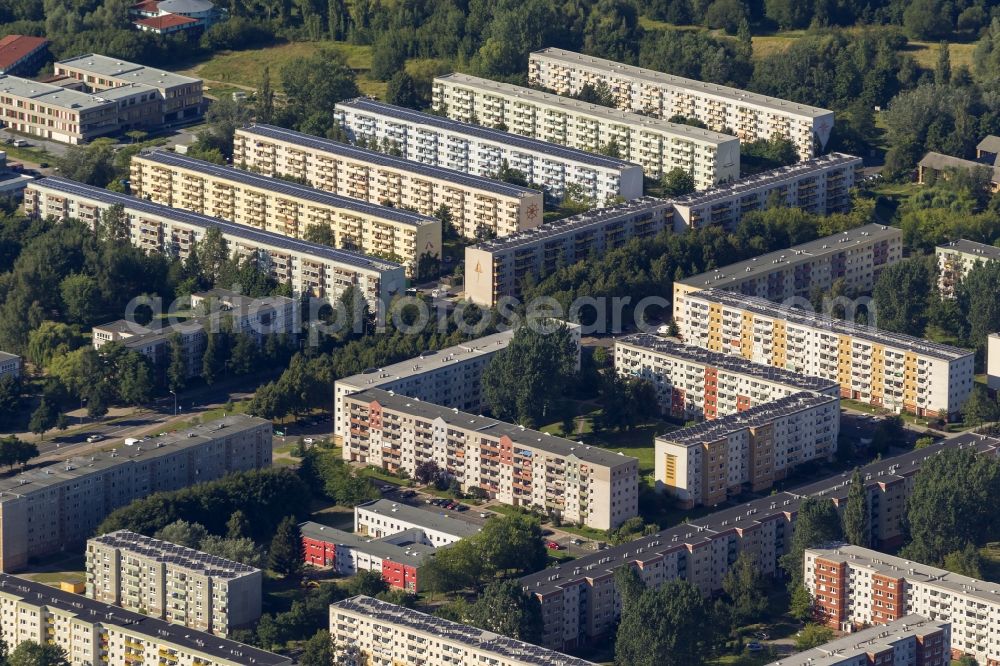 Greifswald from the bird's eye view: Residential area with apartment buildings in the form of GDR - typical slab on Anklam Road in the southeast of Greifswald in Mecklenburg-Western Pomerania