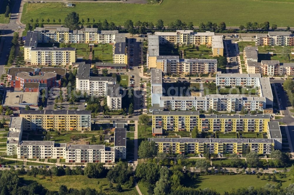 Aerial image Greifswald - Residential area with apartment buildings in the form of GDR - typical slab on Anklam Road in the southeast of Greifswald in Mecklenburg-Western Pomerania