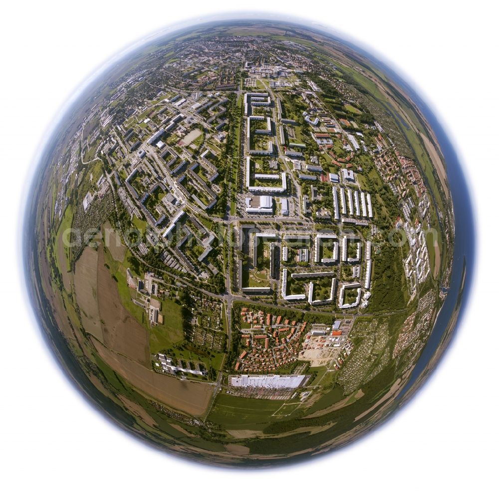 Aerial photograph Greifswald - Fish - eye - view of Residential area with apartment buildings in the form of GDR - typical slab on Anklam Road in the southeast of Greifswald in Mecklenburg-Western Pomerania