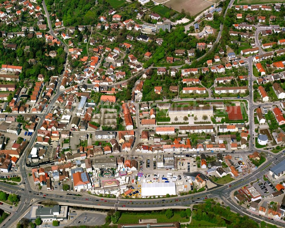 Ansbach from the bird's eye view: Residential area - mixed development of a multi-family housing estate and single-family housing estate in Ansbach in the state Bavaria, Germany