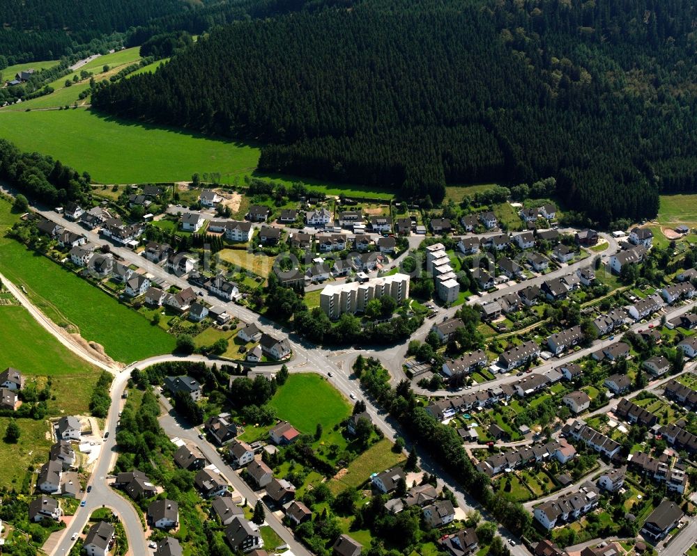 Bad Berleburg from above - Residential area - mixed development of a multi-family housing estate and single-family housing estate in Bad Berleburg at Siegerland in the state North Rhine-Westphalia, Germany