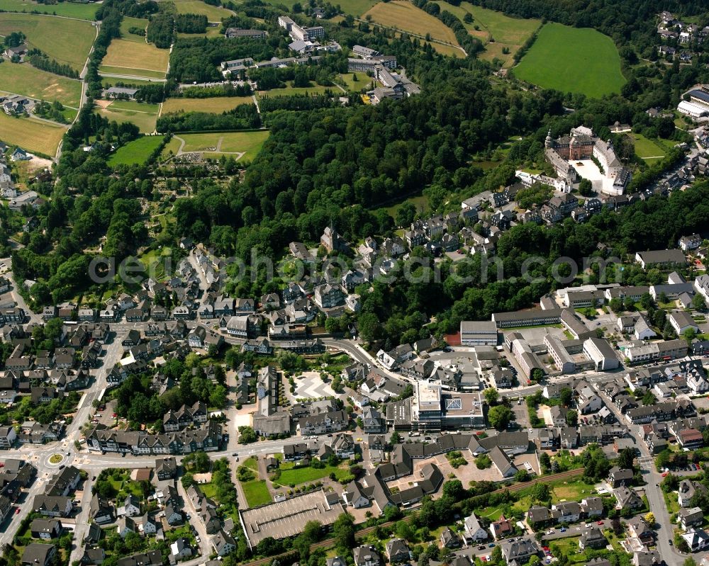 Bad Berleburg from above - Residential area - mixed development of a multi-family housing estate and single-family housing estate in Bad Berleburg at Siegerland in the state North Rhine-Westphalia, Germany