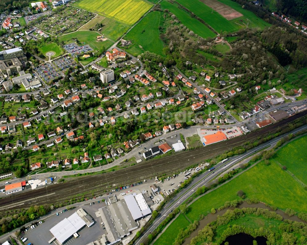 Bad Hersfeld from above - Residential area - mixed development of a multi-family housing estate and single-family housing estate in Bad Hersfeld in the state Hesse, Germany