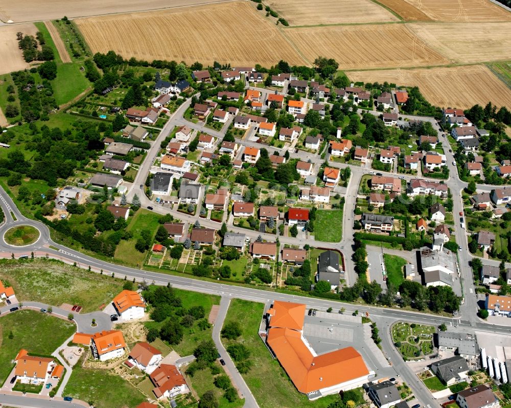 Berwangen from above - Residential area - mixed development of a multi-family housing estate and single-family housing estate in Berwangen in the state Baden-Wuerttemberg, Germany