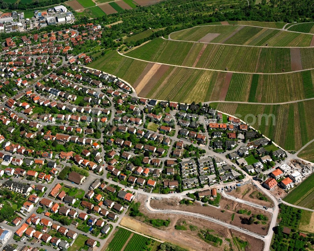 Beutelsbach from the bird's eye view: Residential area - mixed development of a multi-family housing estate and single-family housing estate in Beutelsbach in the state Baden-Wuerttemberg, Germany