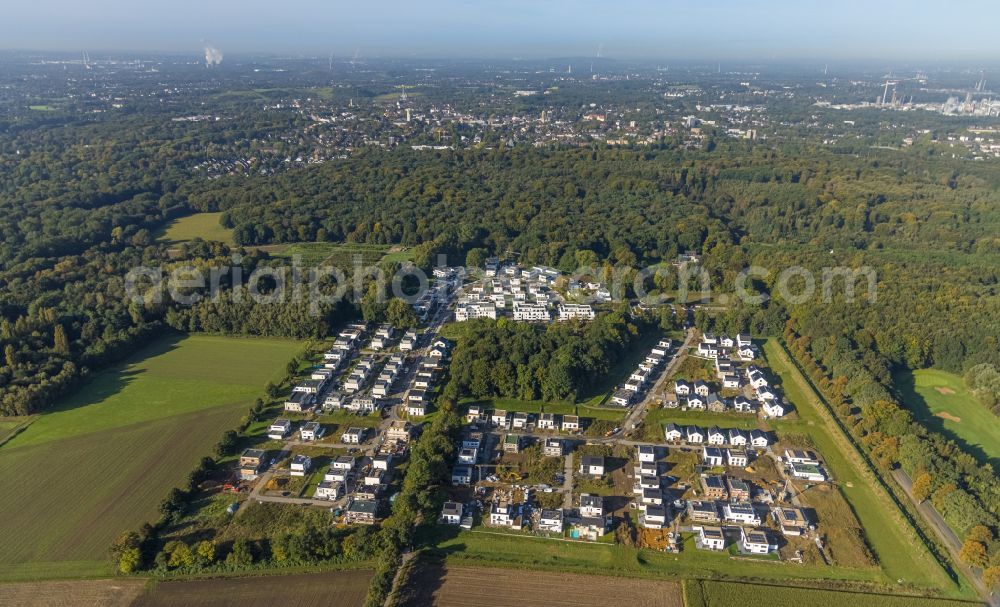 Gelsenkirchen from the bird's eye view: Residential area - mixed development of a multi-family housing estate and single-family housing estate of Wohnquartiers Am Buerschen Waldbogen along the Westerholter Strasse - Im Waldquartier in Gelsenkirchen at Ruhrgebiet in the state North Rhine-Westphalia, Germany