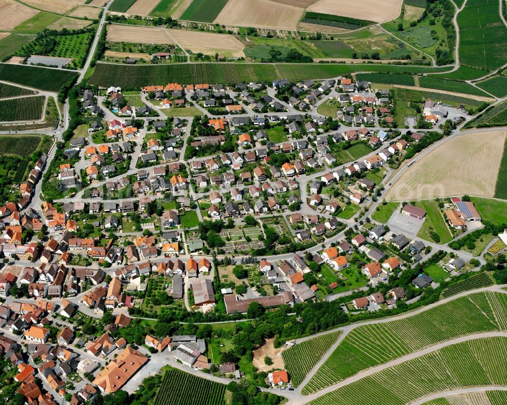 Cleebronn from above - Residential area - mixed development of a multi-family housing estate and single-family housing estate in Cleebronn in the state Baden-Wuerttemberg, Germany