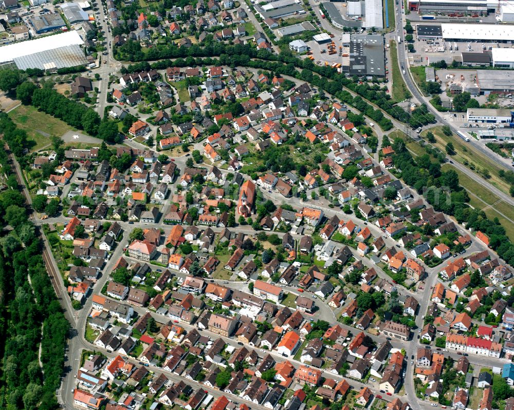 Daxlanden from the bird's eye view: Residential area - mixed development of a multi-family housing estate and single-family housing estate in Daxlanden in the state Baden-Wuerttemberg, Germany