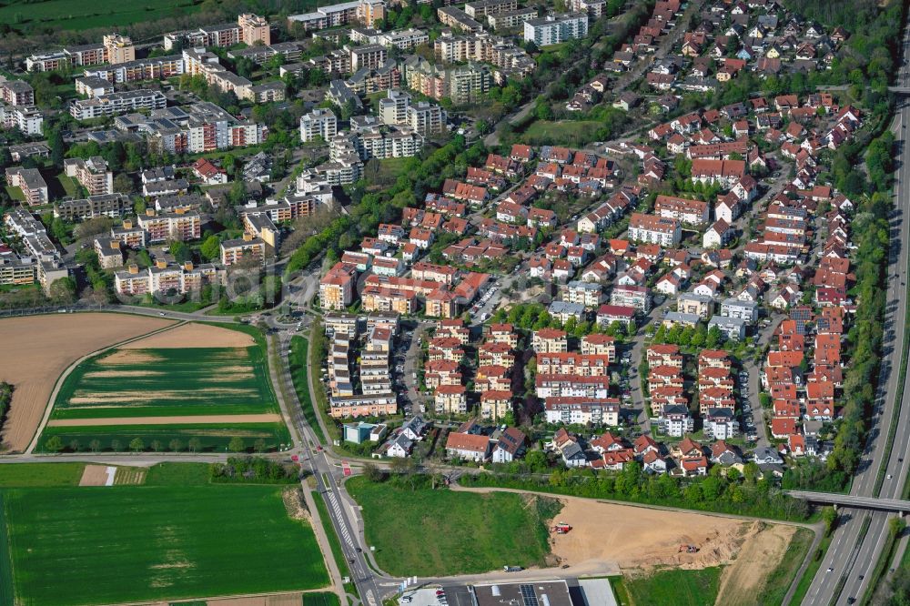 Denzlingen from above - Residential area - mixed development of a multi-family housing estate and single-family housing estate in Denzlingen in the state Baden-Wuerttemberg, Germany