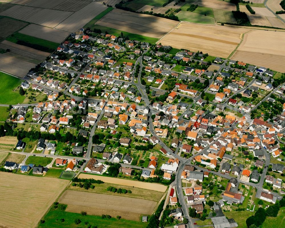 Dornholzhausen from the bird's eye view: Residential area - mixed development of a multi-family housing estate and single-family housing estate in Dornholzhausen in the state Hesse, Germany