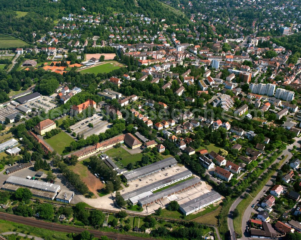 Aerial image Durlach - Residential area - mixed development of a multi-family housing estate and single-family housing estate in Durlach in the state Baden-Wuerttemberg, Germany