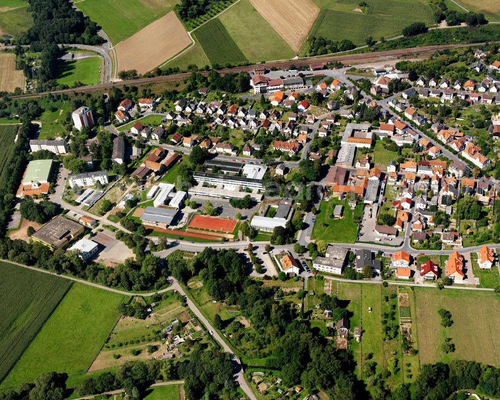 Dusenbach from above - Residential area - mixed development of a multi-family housing estate and single-family housing estate in Dusenbach in the state Hesse, Germany