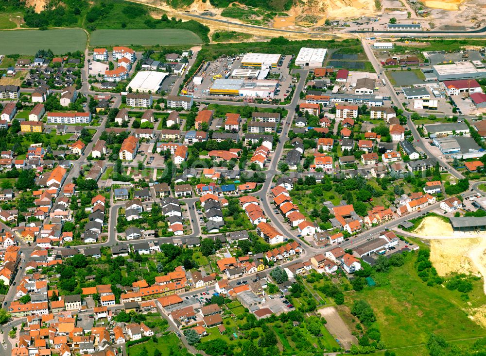 Eisenberg (Pfalz) from above - Residential area - mixed development of a multi-family housing estate and single-family housing estate in Eisenberg (Pfalz) in the state Rhineland-Palatinate, Germany