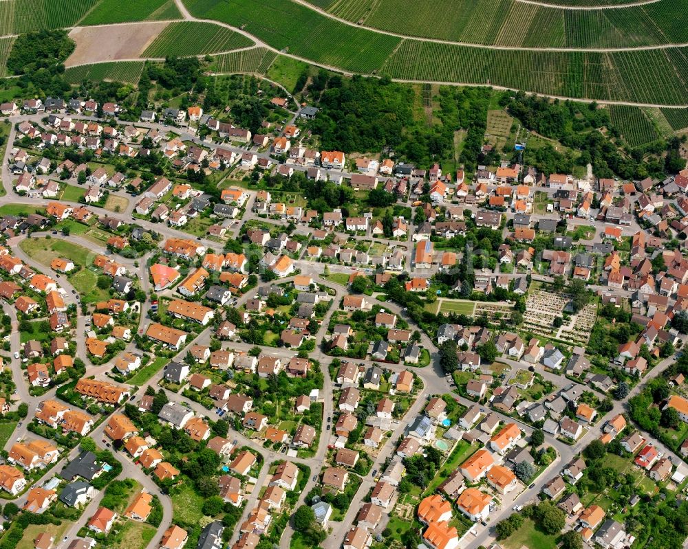 Erlenbach from above - Residential area - mixed development of a multi-family housing estate and single-family housing estate in Erlenbach in the state Baden-Wuerttemberg, Germany