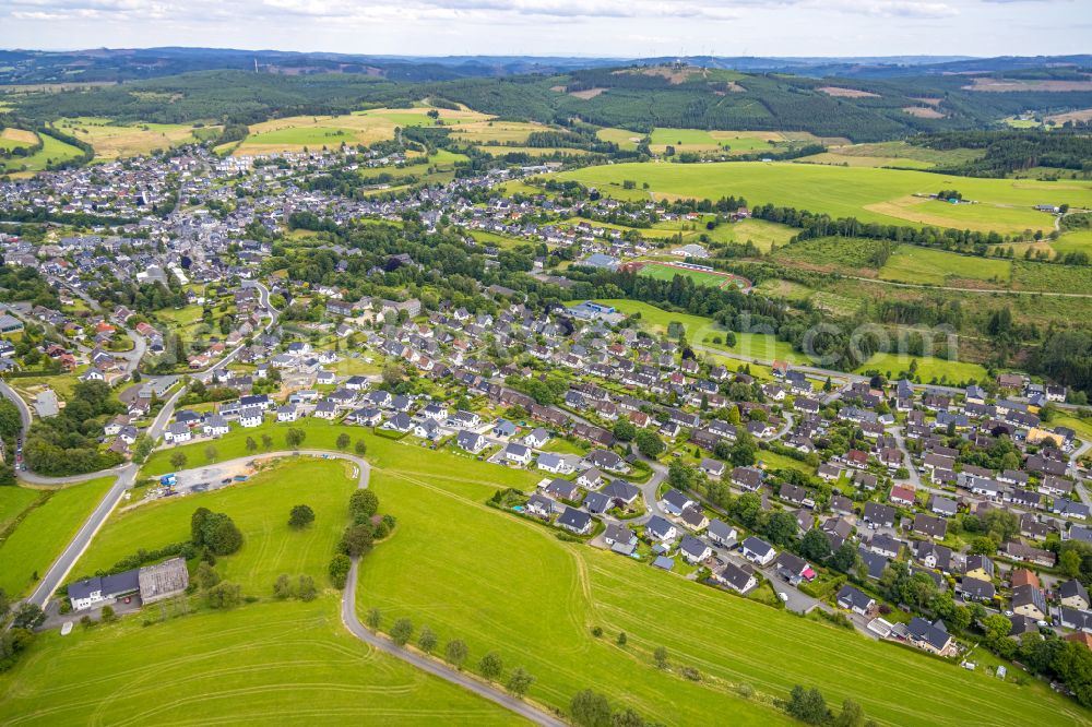 Erndtebrück from above - Residential area - mixed development of a multi-family housing estate and single-family housing estate in Erndtebrueck at Siegerland in the state North Rhine-Westphalia, Germany