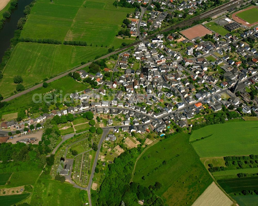 Eschhofen from above - Residential area - mixed development of a multi-family housing estate and single-family housing estate in Eschhofen in the state Hesse, Germany