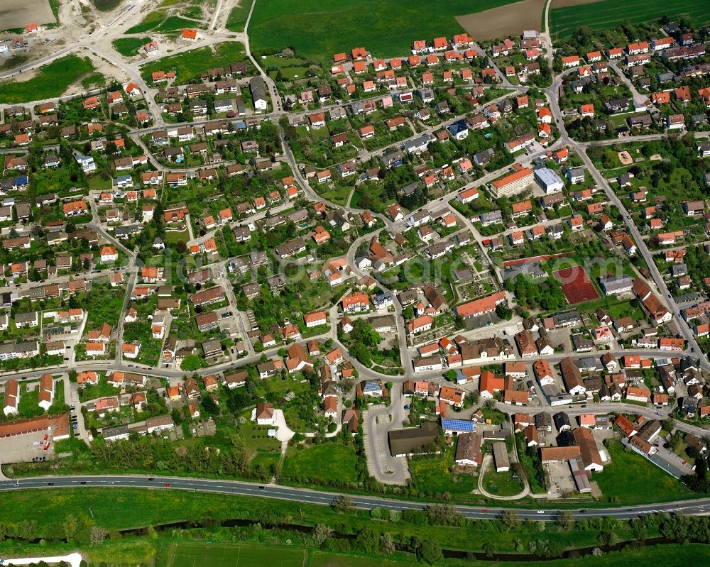 Eyb from above - Residential area - mixed development of a multi-family housing estate and single-family housing estate in Eyb in the state Bavaria, Germany