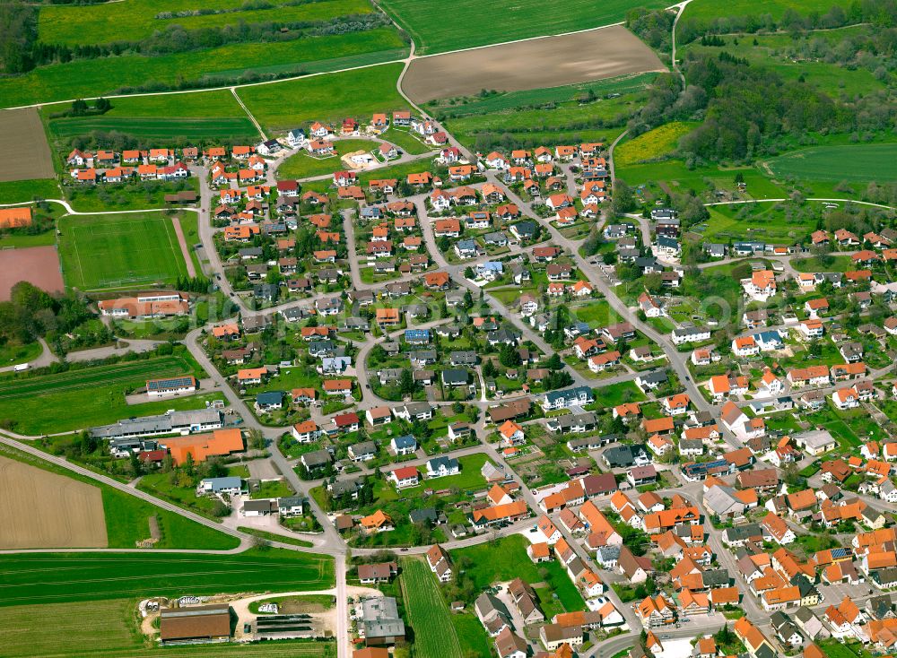 Feldstetten from the bird's eye view: Residential area - mixed development of a multi-family housing estate and single-family housing estate in Feldstetten in the state Baden-Wuerttemberg, Germany