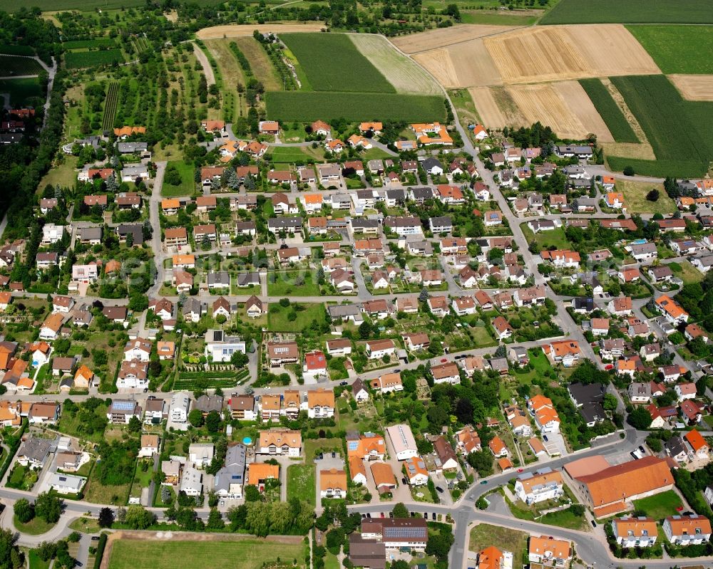 Frauenzimmern from the bird's eye view: Residential area - mixed development of a multi-family housing estate and single-family housing estate in Frauenzimmern in the state Baden-Wuerttemberg, Germany