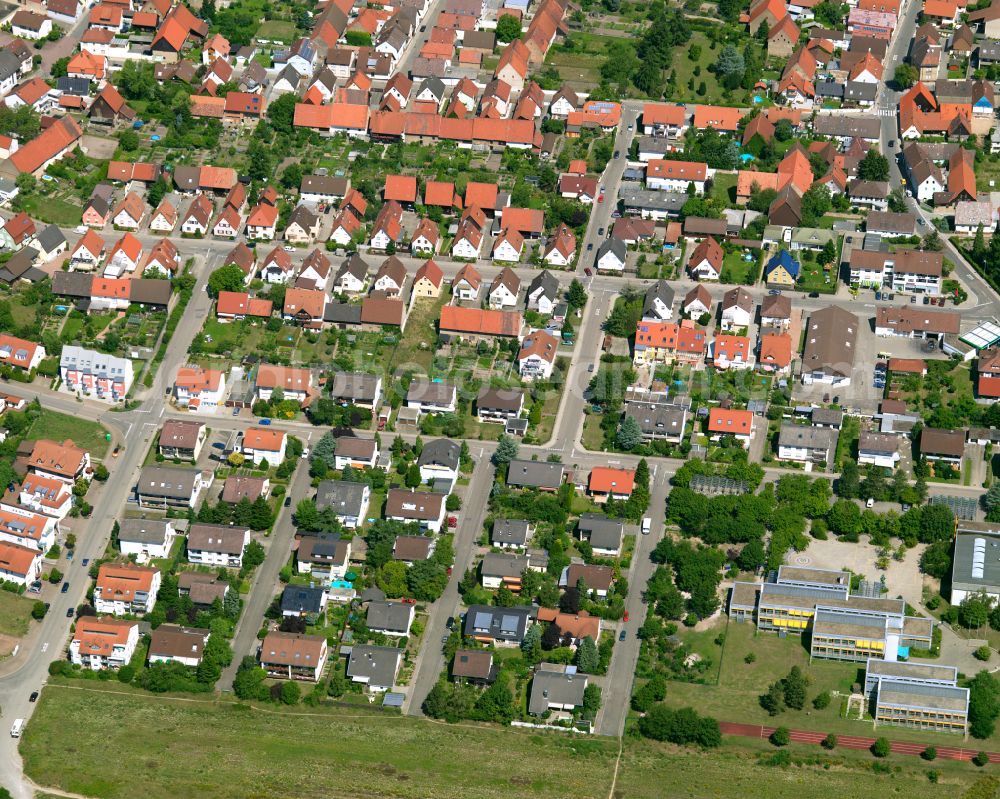 Friedrichstal from above - Residential area - mixed development of a multi-family housing estate and single-family housing estate in Friedrichstal in the state Baden-Wuerttemberg, Germany