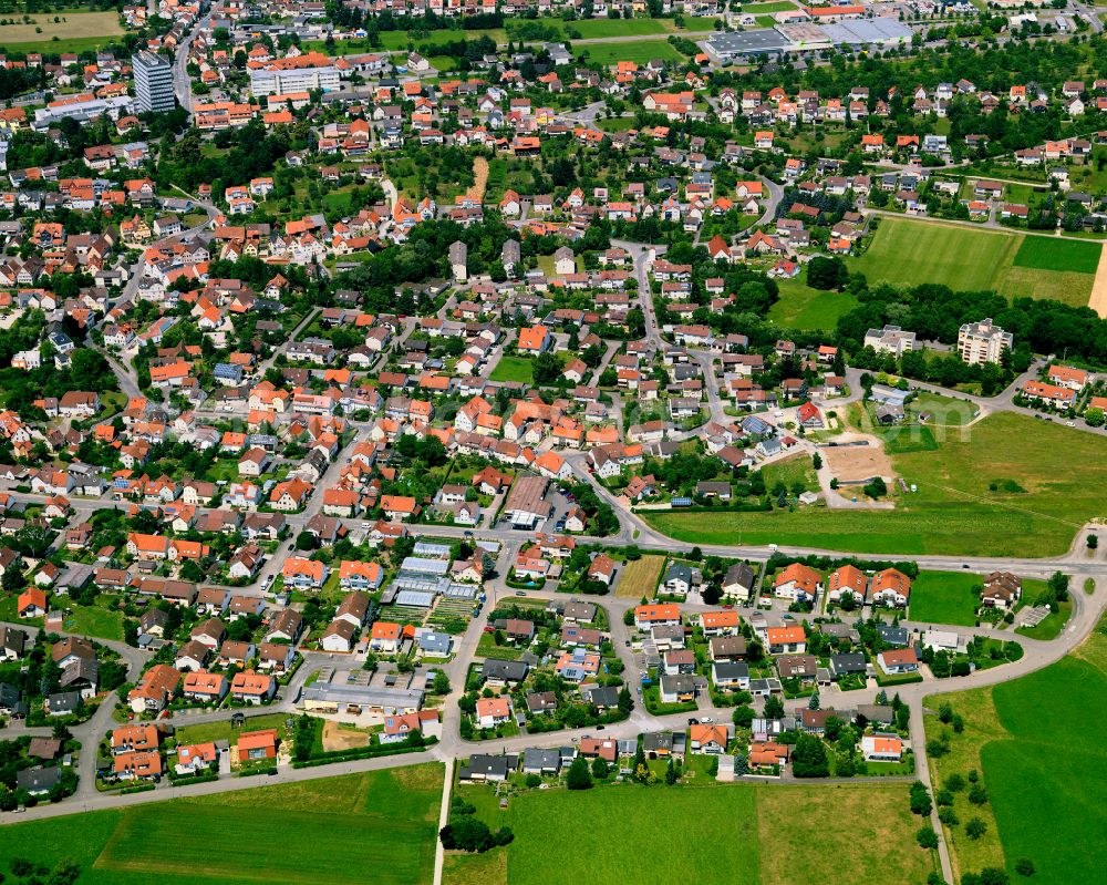 Gomaringen from above - Residential area - mixed development of a multi-family housing estate and single-family housing estate in Gomaringen in the state Baden-Wuerttemberg, Germany