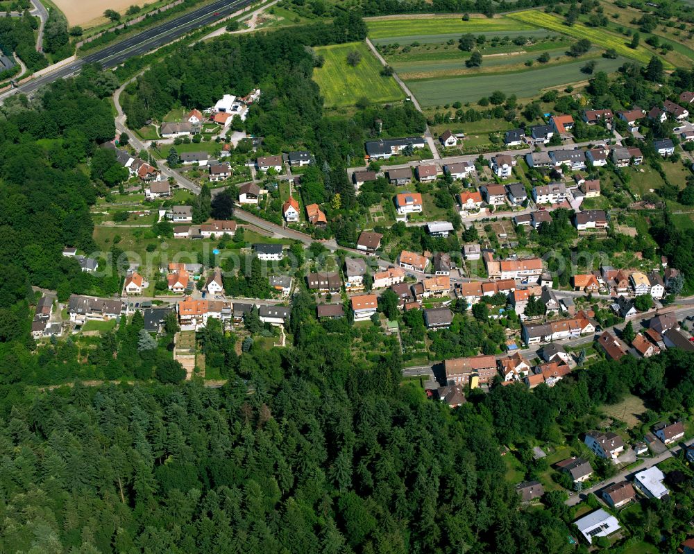 Grünwettersbach from above - Residential area - mixed development of a multi-family housing estate and single-family housing estate in Grünwettersbach in the state Baden-Wuerttemberg, Germany