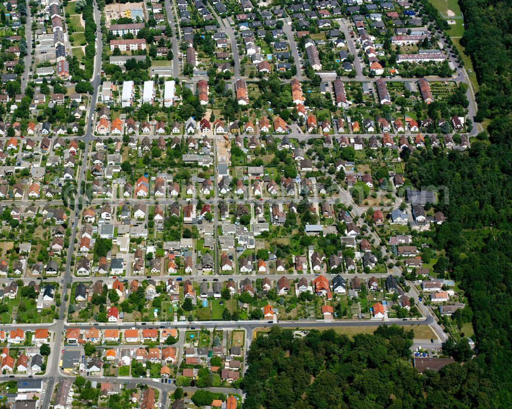 Grünwinkel from above - Residential area - mixed development of a multi-family housing estate and single-family housing estate in Grünwinkel in the state Baden-Wuerttemberg, Germany