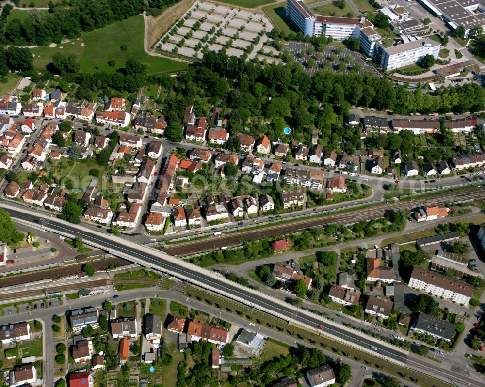 Aerial image Hagsfeld - Residential area - mixed development of a multi-family housing estate and single-family housing estate in Hagsfeld in the state Baden-Wuerttemberg, Germany