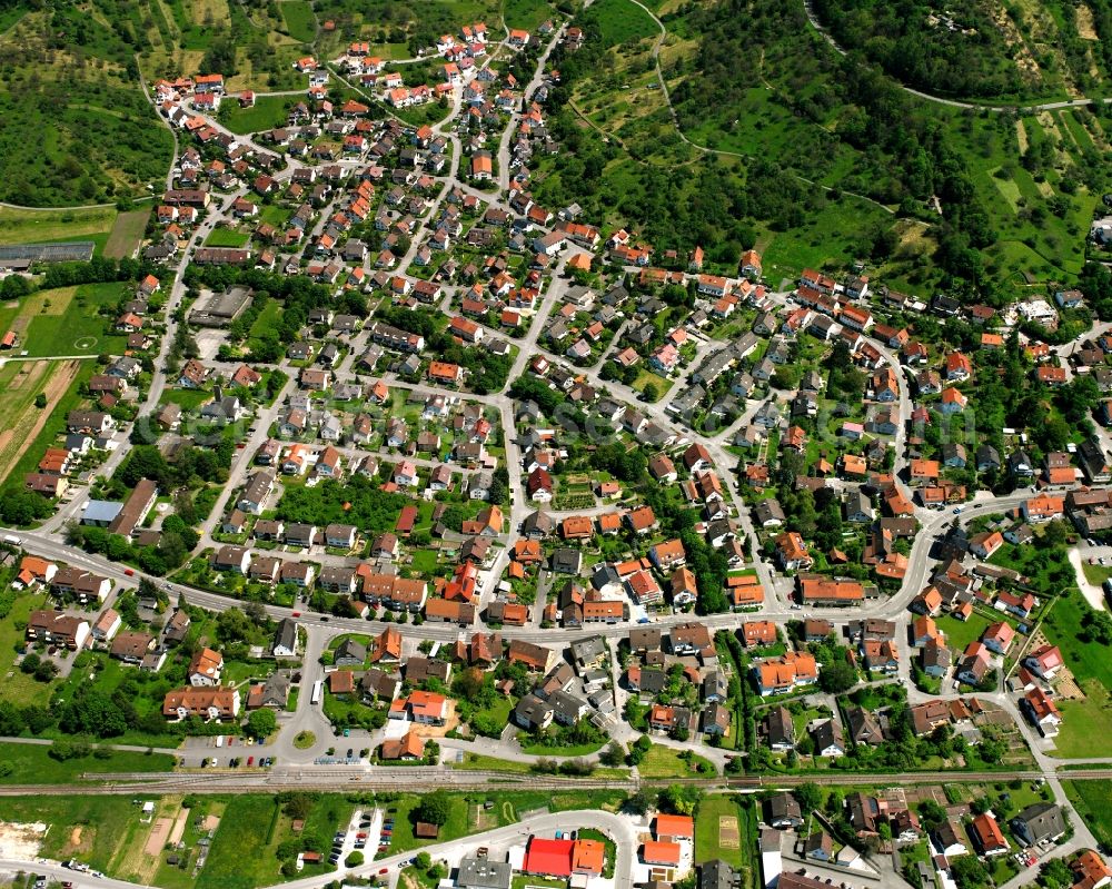 Haubersbronn from above - Residential area - mixed development of a multi-family housing estate and single-family housing estate in Haubersbronn in the state Baden-Wuerttemberg, Germany