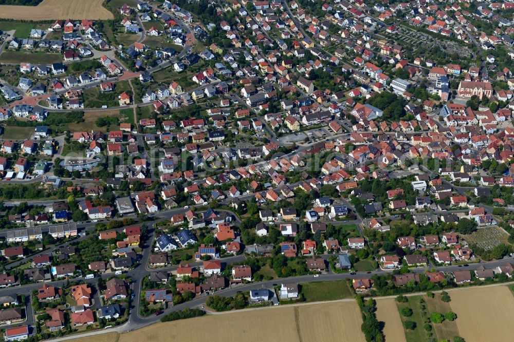 Höchberg from above - Residential area - mixed development of a multi-family housing estate and single-family housing estate in Höchberg in the state Bavaria, Germany