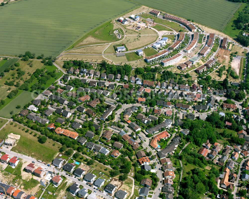 Hohenwettersbach from above - Residential area - mixed development of a multi-family housing estate and single-family housing estate in Hohenwettersbach in the state Baden-Wuerttemberg, Germany