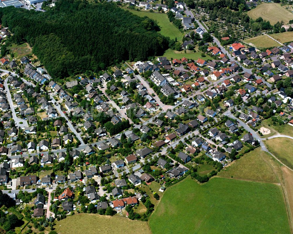 Kierspe from above - Residential area - mixed development of a multi-family housing estate and single-family housing estate in Kierspe in the state North Rhine-Westphalia, Germany