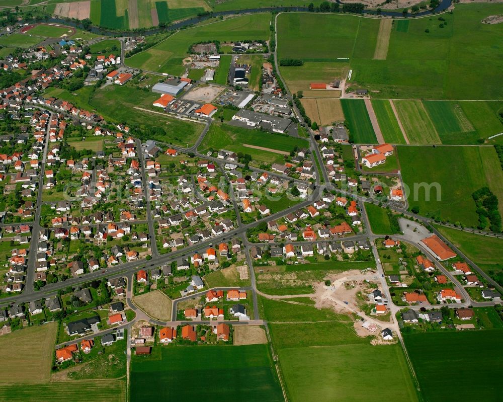 Leimbach from above - Residential area - mixed development of a multi-family housing estate and single-family housing estate in Leimbach in the state Hesse, Germany