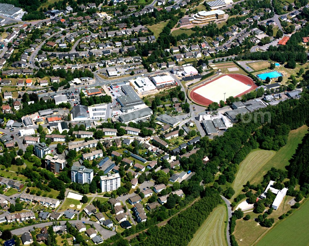 Meinerzhagen from above - Residential area - mixed development of a multi-family housing estate and single-family housing estate in Meinerzhagen in the state North Rhine-Westphalia, Germany