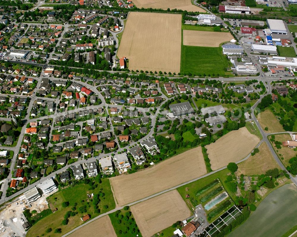 Oberlauchringen from above - Residential area - mixed development of a multi-family housing estate and single-family housing estate in Oberlauchringen in the state Baden-Wuerttemberg, Germany