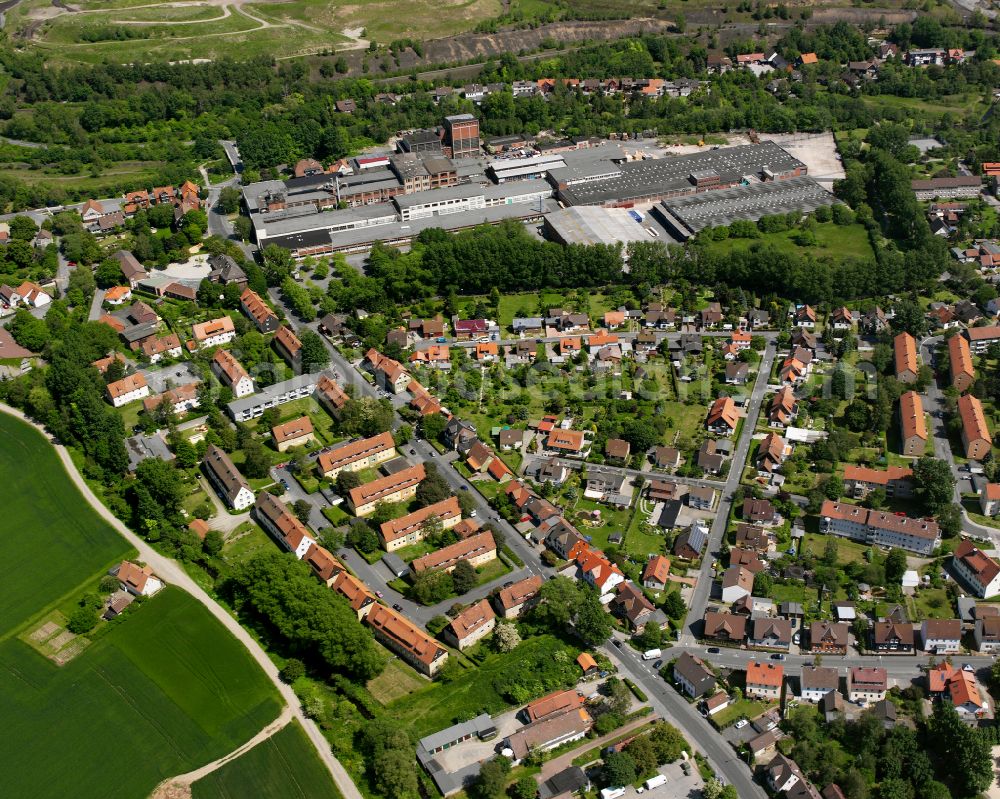 Oker from above - Residential area - mixed development of a multi-family housing estate and single-family housing estate in Oker in the state Lower Saxony, Germany