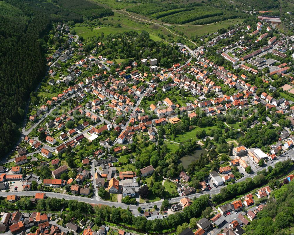 Oker from above - Residential area - mixed development of a multi-family housing estate and single-family housing estate in Oker in the state Lower Saxony, Germany