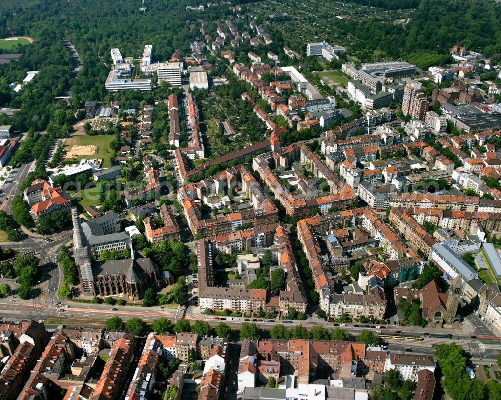 Oststadt from above - Residential area - mixed development of a multi-family housing estate and single-family housing estate in Oststadt in the state Baden-Wuerttemberg, Germany