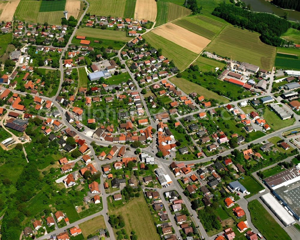 Aerial image Pfahlbronn - Residential area - mixed development of a multi-family housing estate and single-family housing estate in Pfahlbronn in the state Baden-Wuerttemberg, Germany