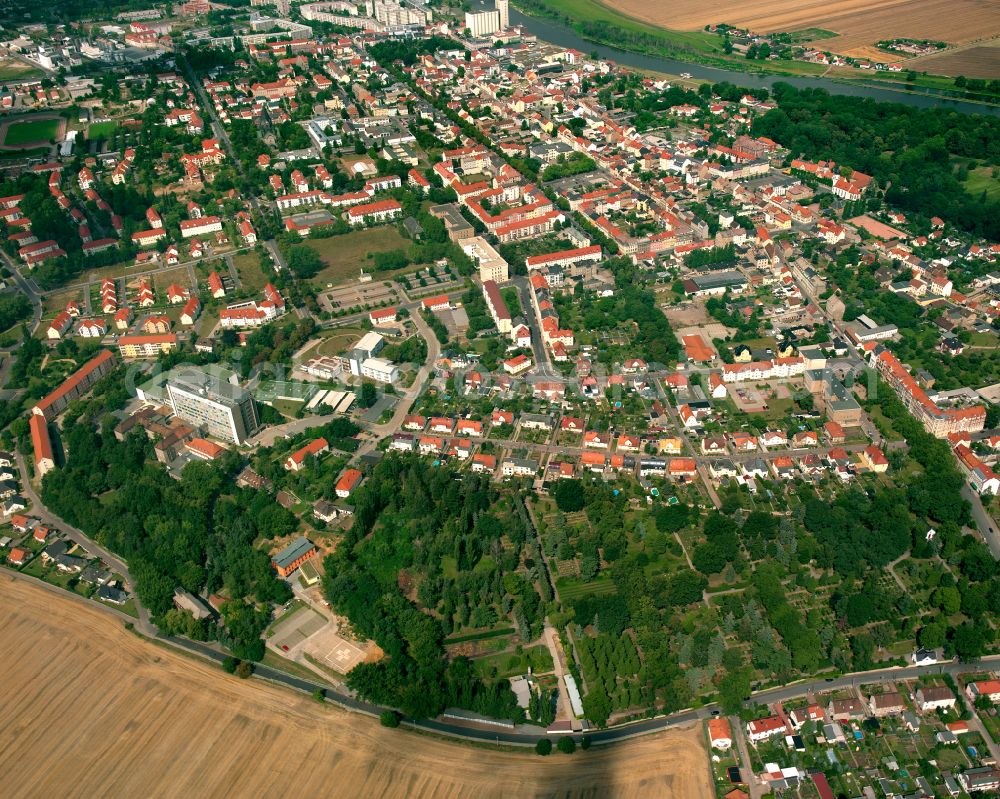 Aerial image Riesa - Residential area - mixed development of a multi-family housing estate and single-family housing estate in Riesa in the state Saxony, Germany