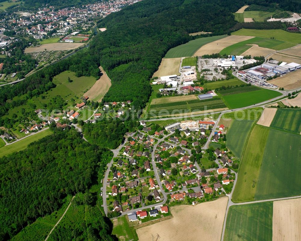 Ettikon from the bird's eye view: Residential area - mixed development of a multi-family housing estate and single-family housing estate on Ringstrasse in Ettikon in the state Baden-Wuerttemberg, Germany