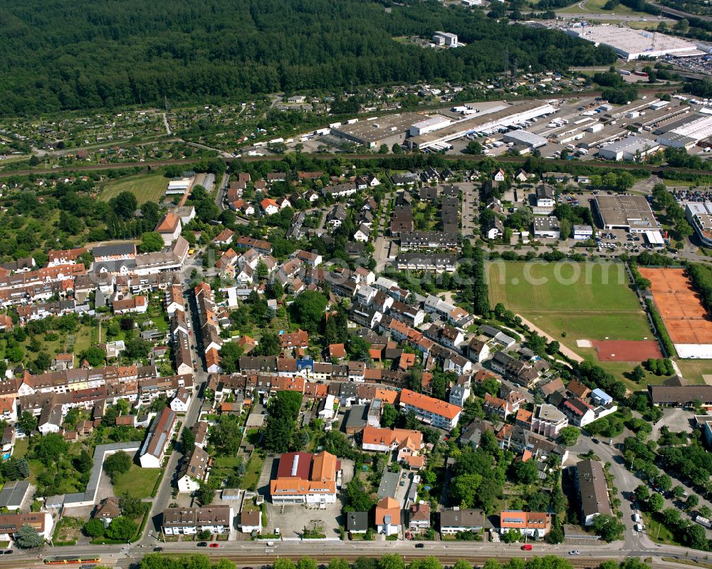 Rintheim from above - Residential area - mixed development of a multi-family housing estate and single-family housing estate in Rintheim in the state Baden-Wuerttemberg, Germany