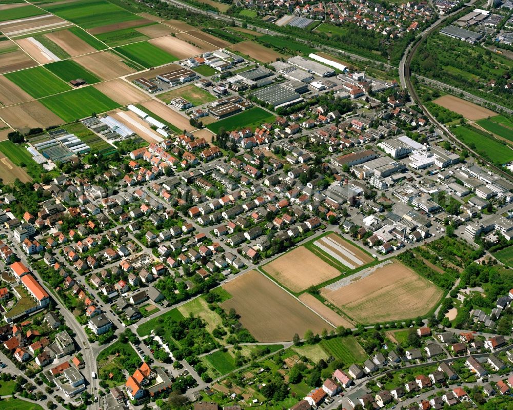 Rommelshausen from above - Residential area - mixed development of a multi-family housing estate and single-family housing estate in Rommelshausen in the state Baden-Wuerttemberg, Germany