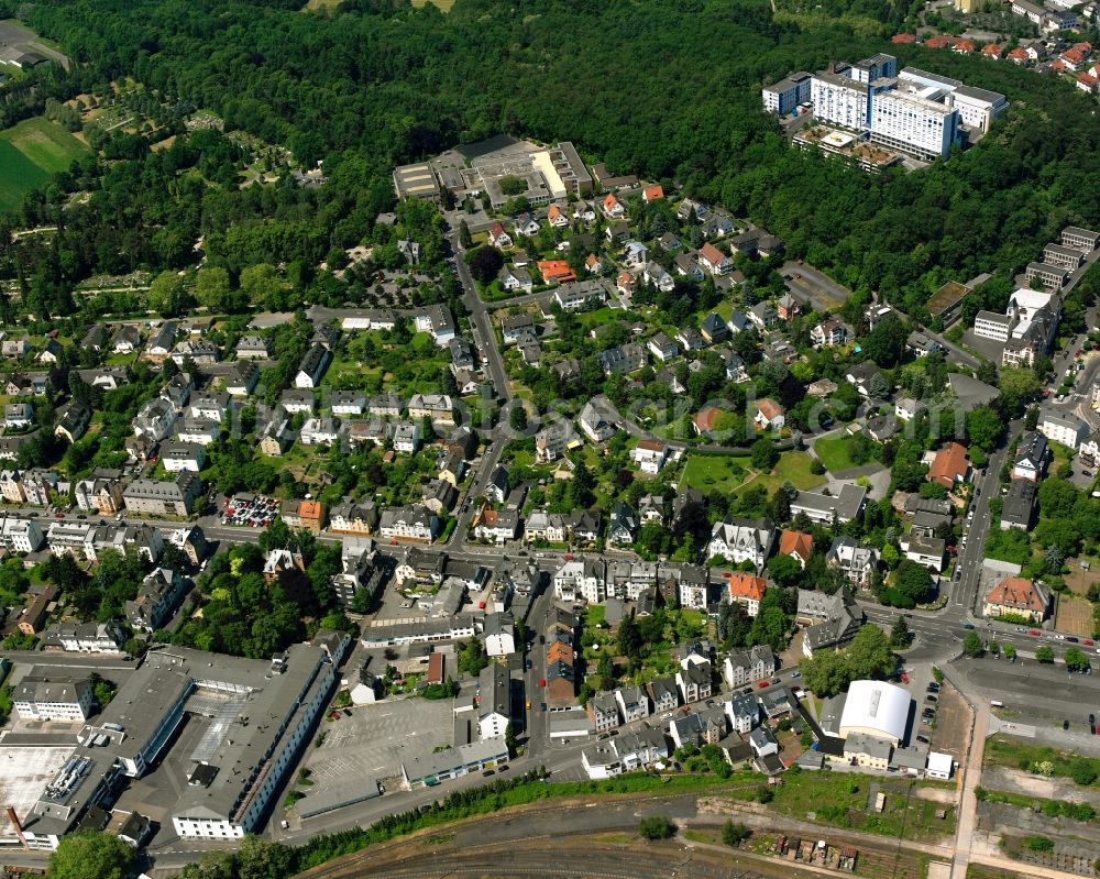 Staffel from above - Residential area - mixed development of a multi-family housing estate and single-family housing estate in Staffel in the state Hesse, Germany