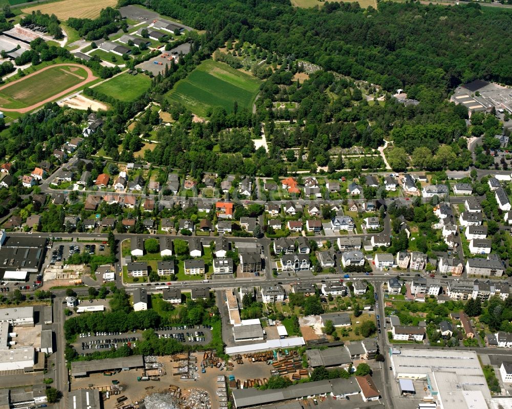 Staffel from the bird's eye view: Residential area - mixed development of a multi-family housing estate and single-family housing estate in Staffel in the state Hesse, Germany