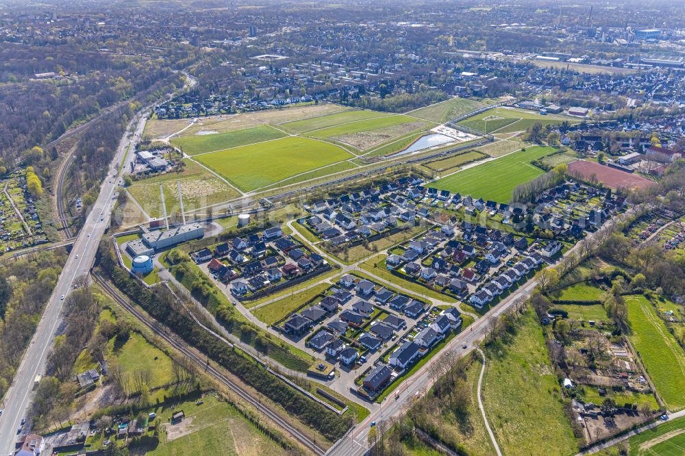 Aerial image Gelsenkirchen - Residential area - mixed development of a multi-family housing estate and single-family housing estate on Strasse Zum Brander Kamp in the district Hassel in Gelsenkirchen at Ruhrgebiet in the state North Rhine-Westphalia, Germany