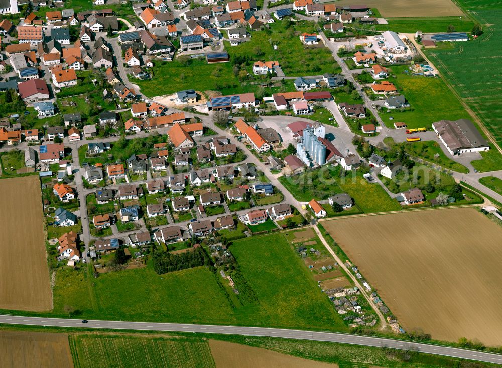 Suppingen from above - Residential area - mixed development of a multi-family housing estate and single-family housing estate in Suppingen in the state Baden-Wuerttemberg, Germany