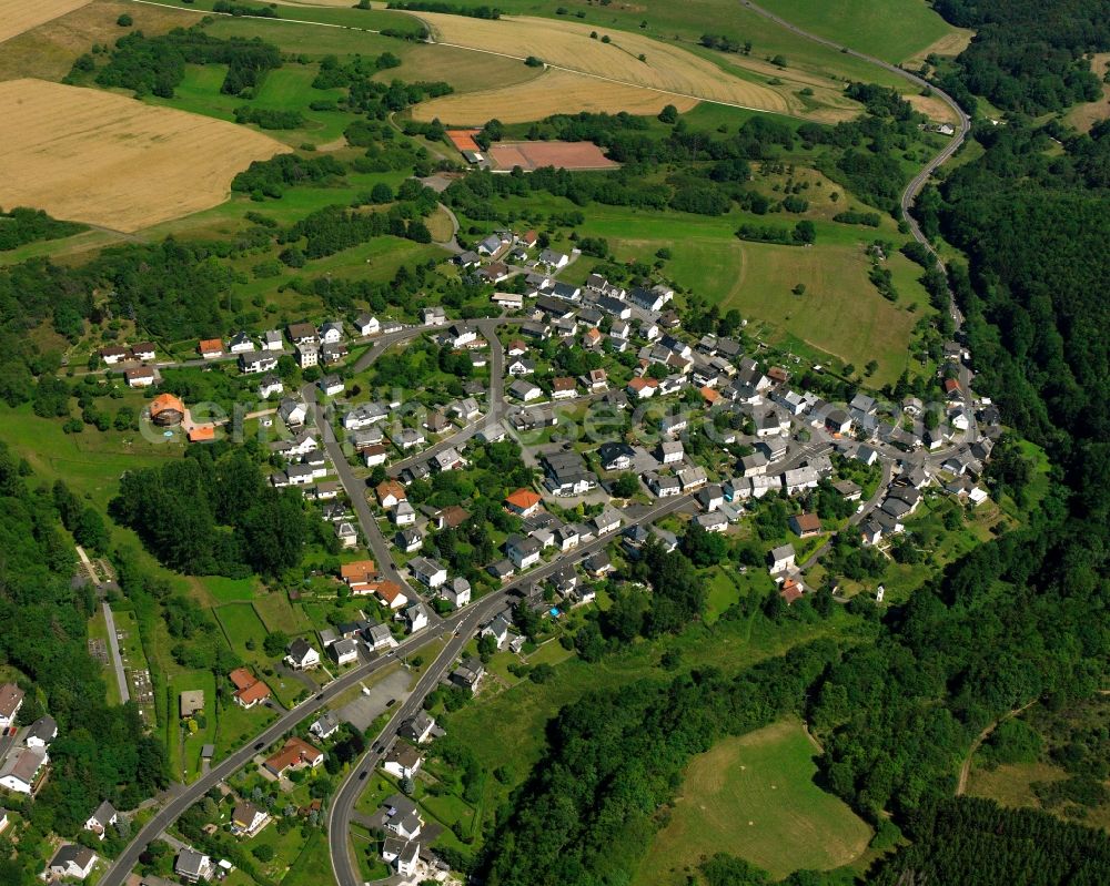 Vollmersbach from above - Residential area - mixed development of a multi-family housing estate and single-family housing estate in Vollmersbach in the state Rhineland-Palatinate, Germany