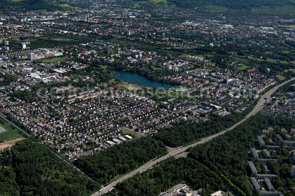 West from the bird's eye view: Residential area - mixed development of a multi-family housing estate and single-family housing estate in West in the state Baden-Wuerttemberg, Germany